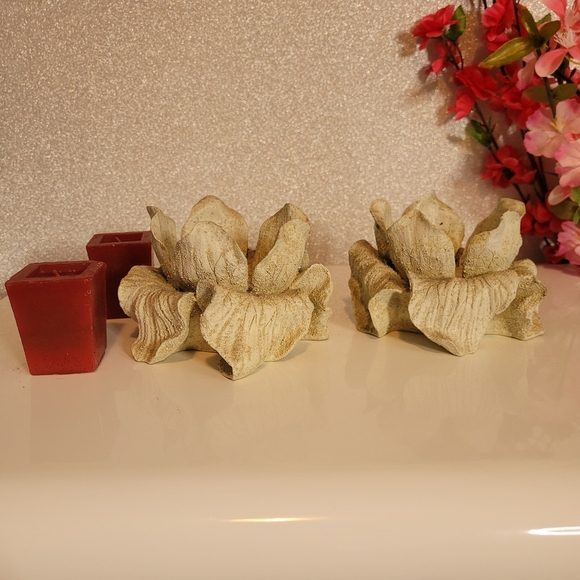 Two Stone (or pretend stone?) Candle Holders and Red Candles - Picture 2 of 3